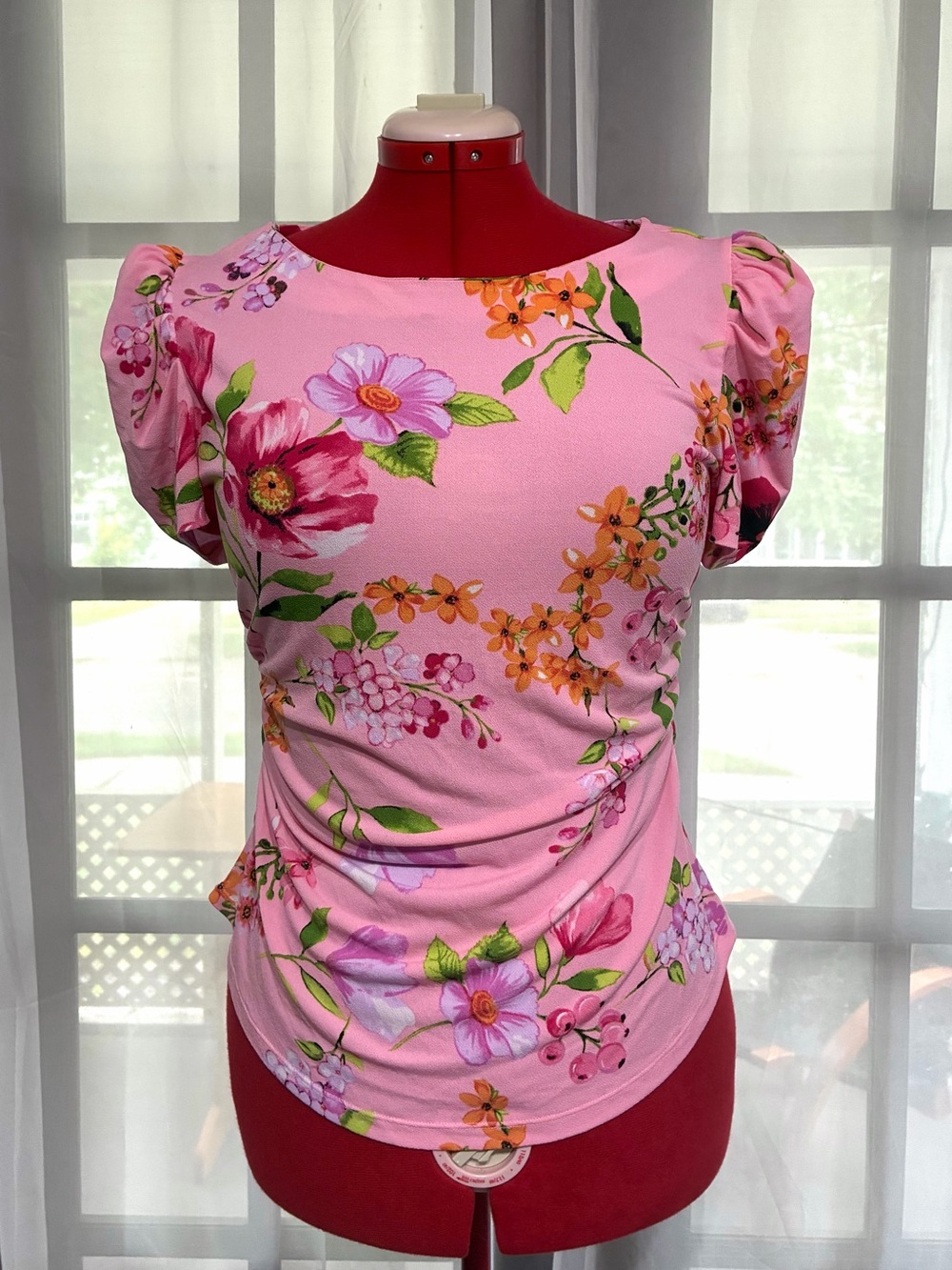 7th Avenue Design Studio NY&Co Pink Floral Puff Sleeve Round Neck Knit Blouse M